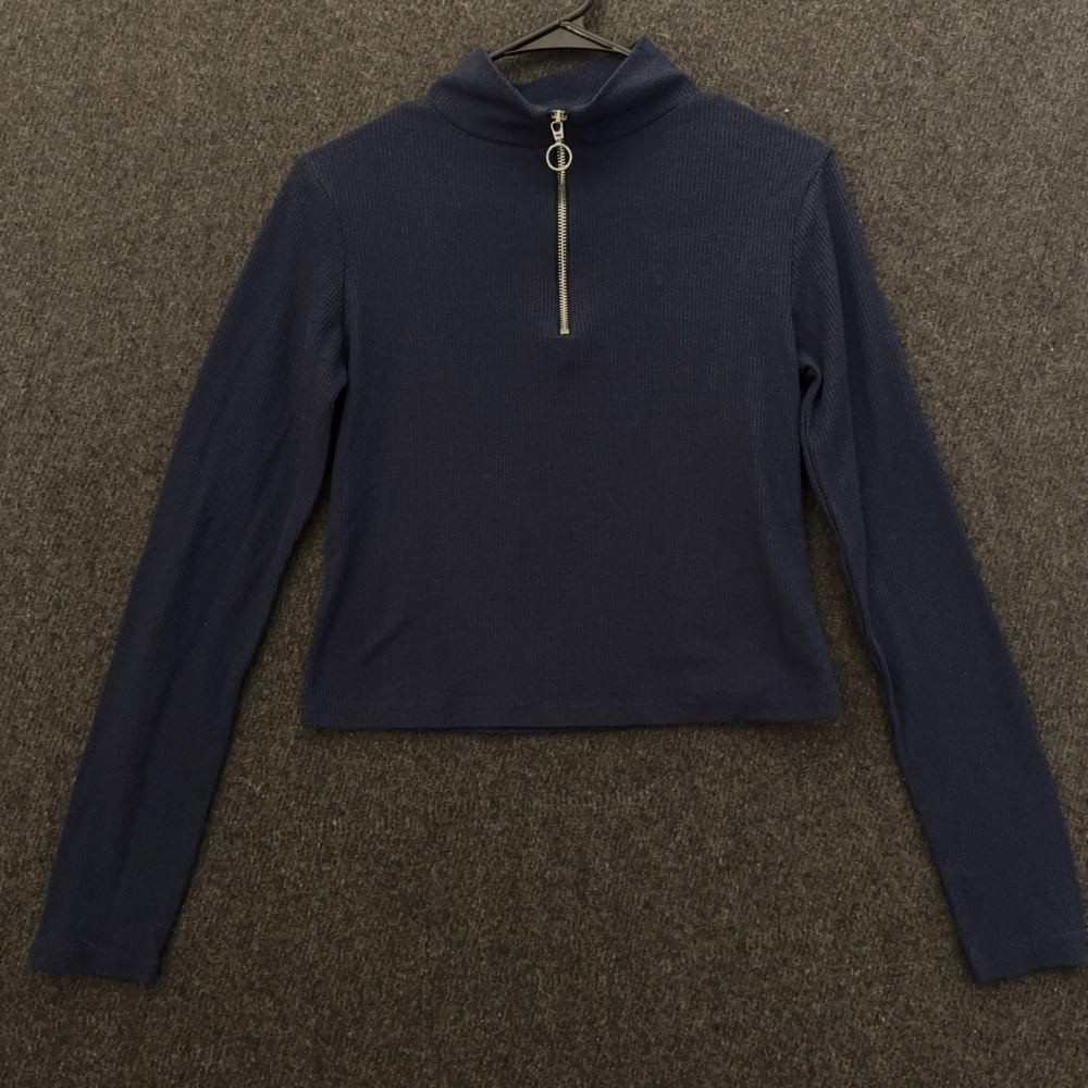 Navy Blue Waffle Knit Quarter Zip Mock Neck Cropped top Preppy Coastal Light